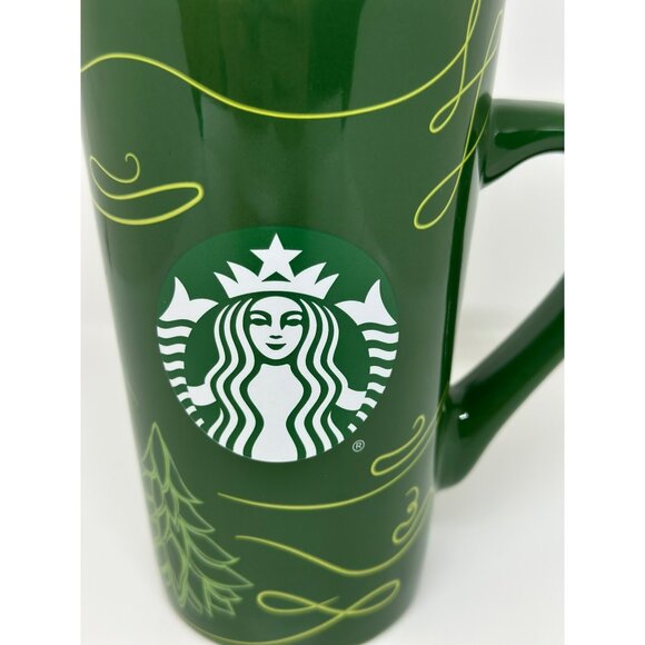 Starbucks Ceramic Traveler Coffee Mug 14oz Green Yellow Tree 2020 Winter Holiday - Picture 2 of 7